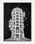 Framed architectural art print on a black background