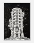 Framed art print of a tower, black and white colors only