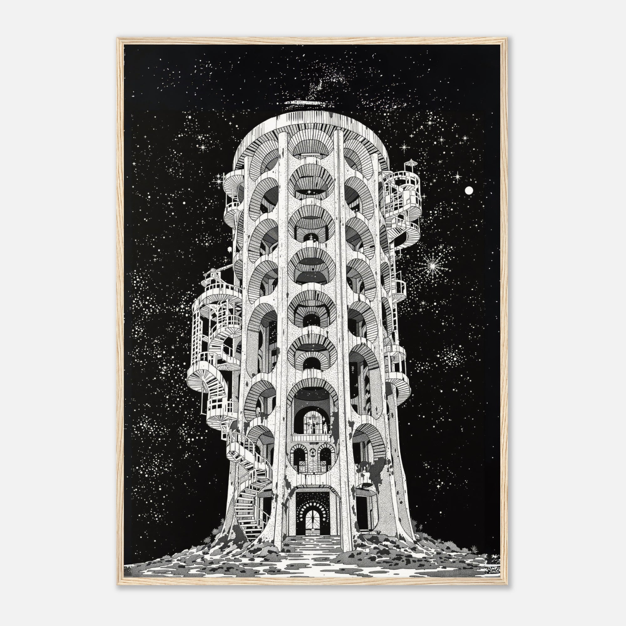 Monochrome architecture artwork in wood frame on a white wall