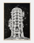 Monochrome architecture artwork in wood frame on a white wall