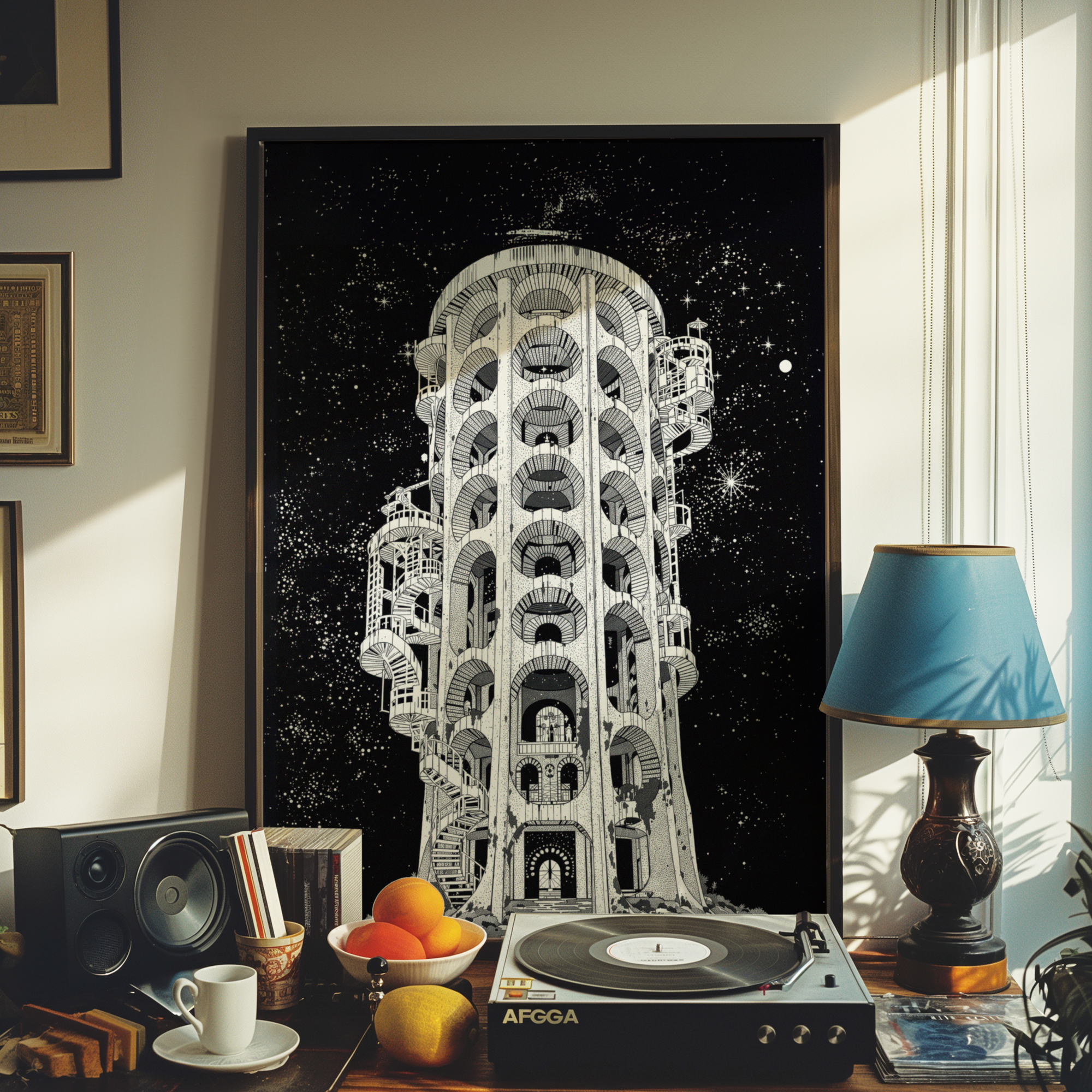 Framed artwork of a futuristic tower on a wall above a turntable.