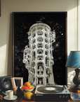 Framed artwork of a futuristic tower on a wall above a turntable.