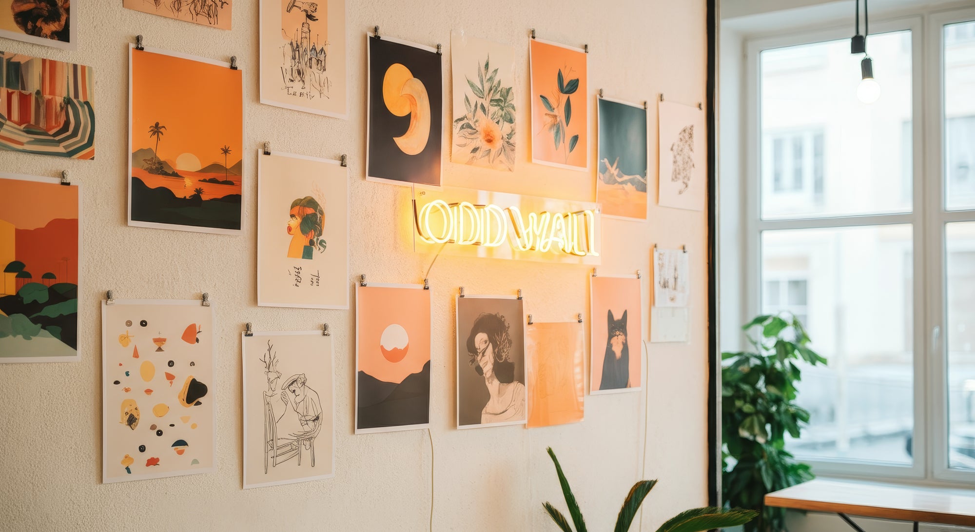 Wall with various posters and a neon sign in a room with a window and plant.