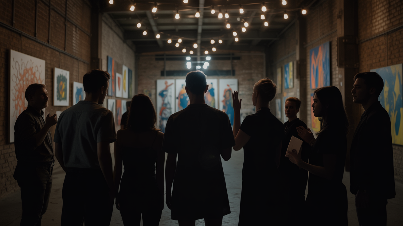 Group of people in a dimly lit art gallery with hanging lights.