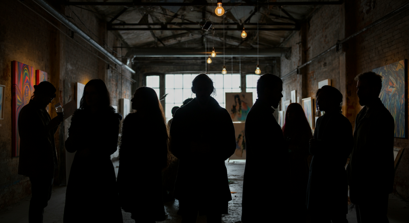 Silhouettes of people in a dark room with art on the walls