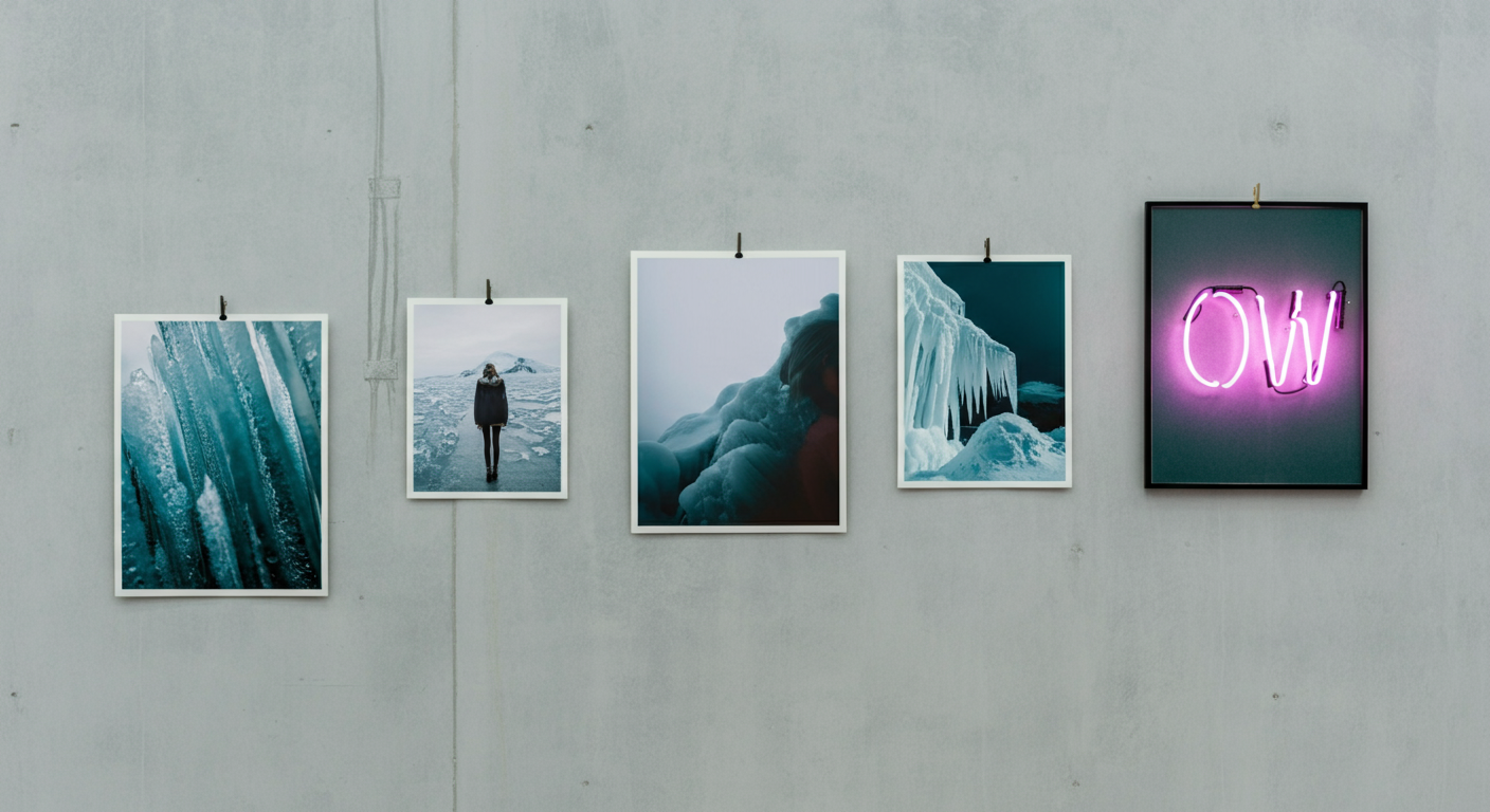 Five framed artworks on a gray wall, including a neon sign.