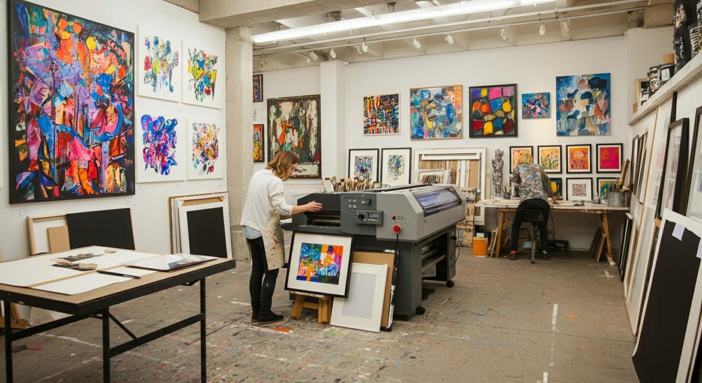 Art studio with large digital printing machine and colorful artworks on the walls.