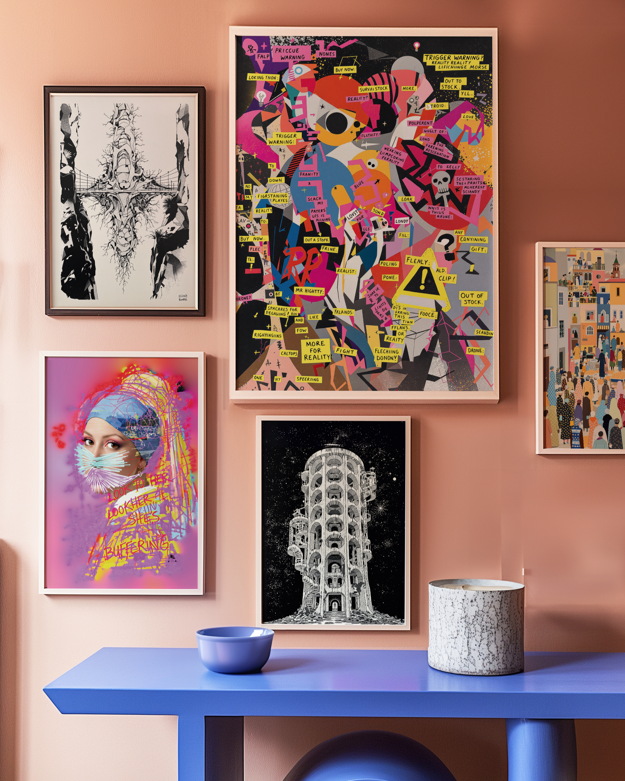 Colorful art prints on a wall with a blue table and decorative items.