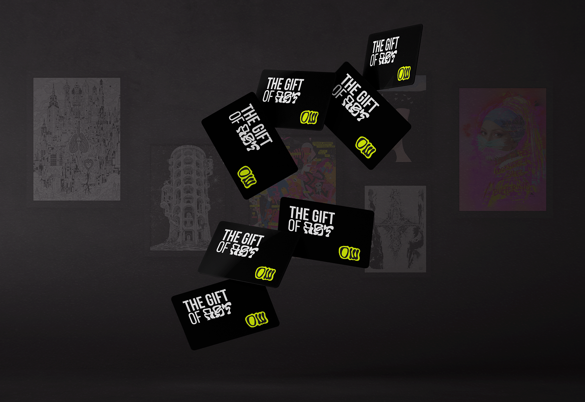 Black cards with 'The Gift of Art' text on a dark background