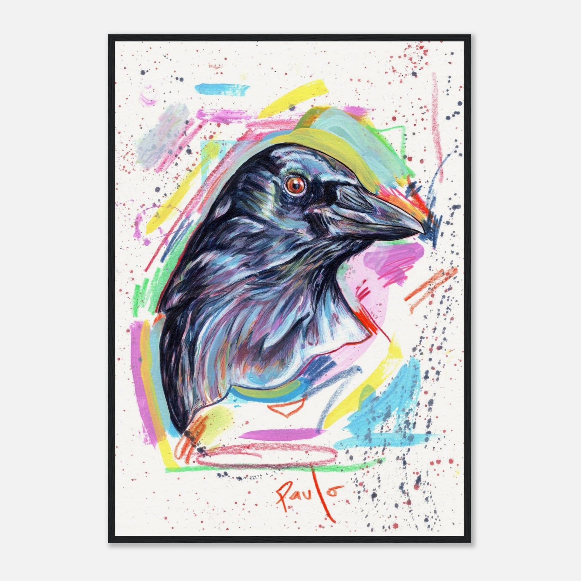 Colorful abstract painting of a bird with a signature at the bottom right corner on a white background.