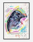Colorful abstract painting of a bird with a signature at the bottom right corner on a white background.