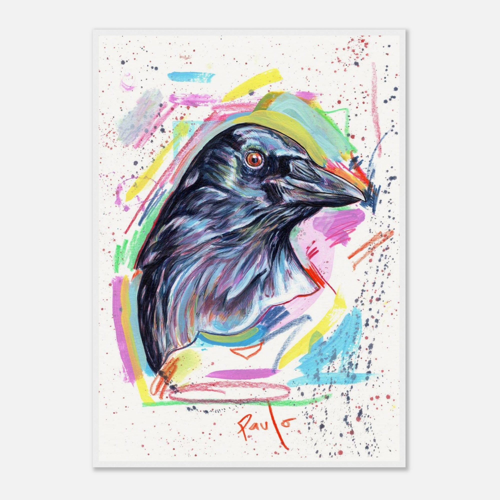 Colorful wall art of a carrion crow with abstract splashes on a white background with white frame