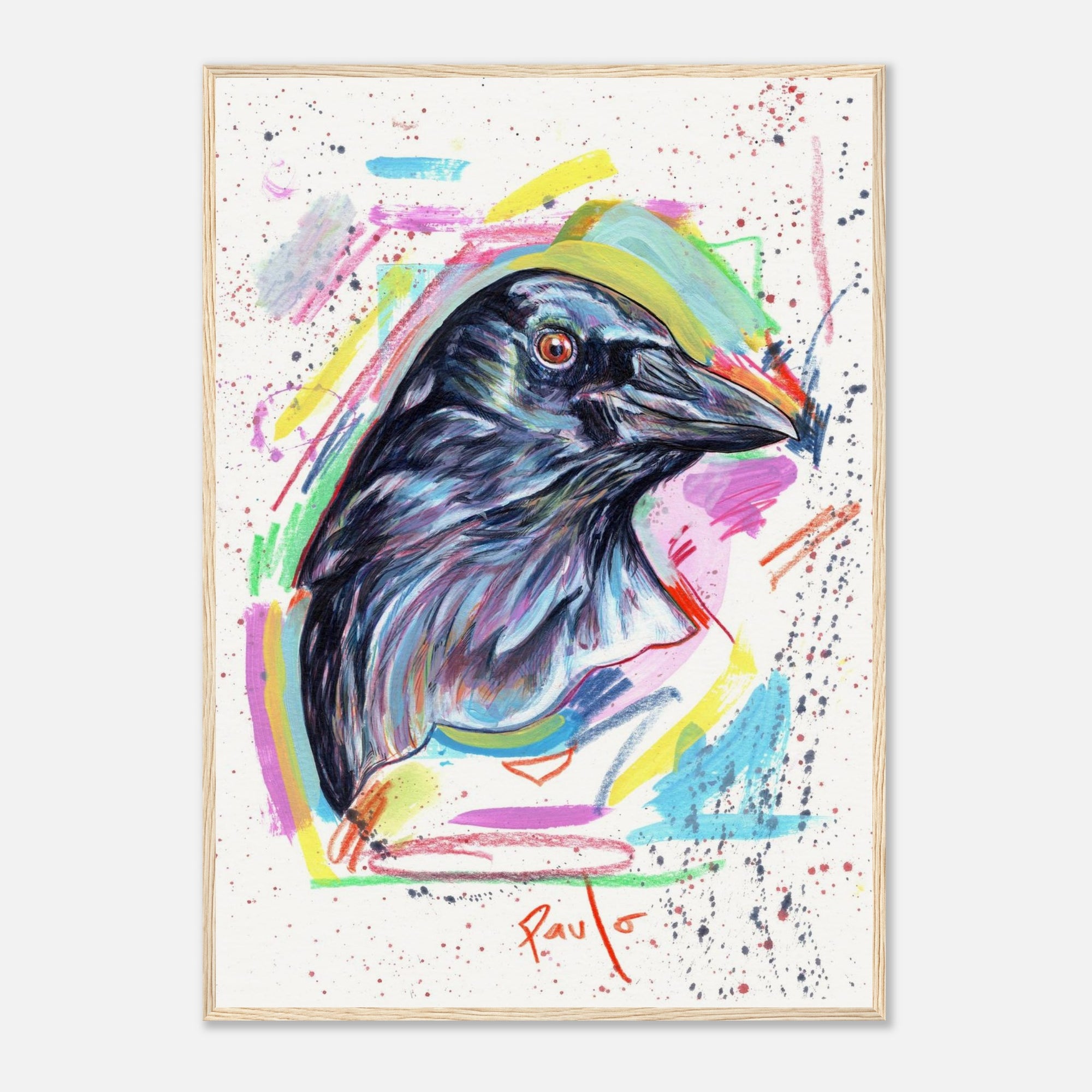 Colorful painting of a crow with abstract splashes on a white background with wooden frame