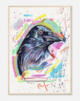 Colorful painting of a crow with abstract splashes on a white background with wooden frame