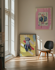 Modern interior with abstract art on the wall and a black chair.