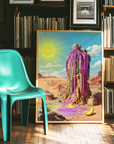 Colorful wall art in salvador dali surrealist style on a wooden floor with a teal chair and bookshelf in the background.