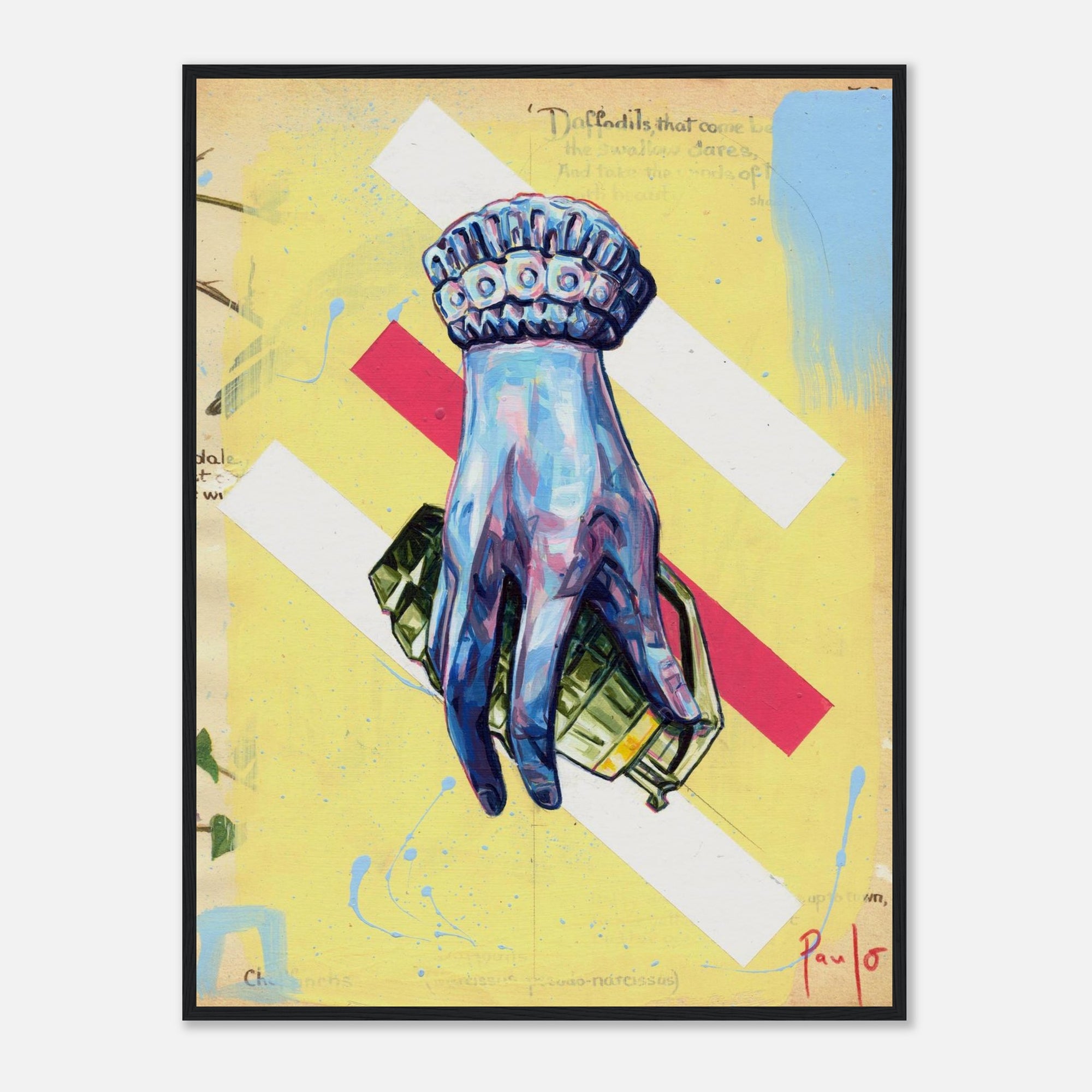Framed artwork of a blue hand on a yellow background