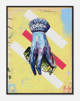 Framed artwork of a blue hand on a yellow background