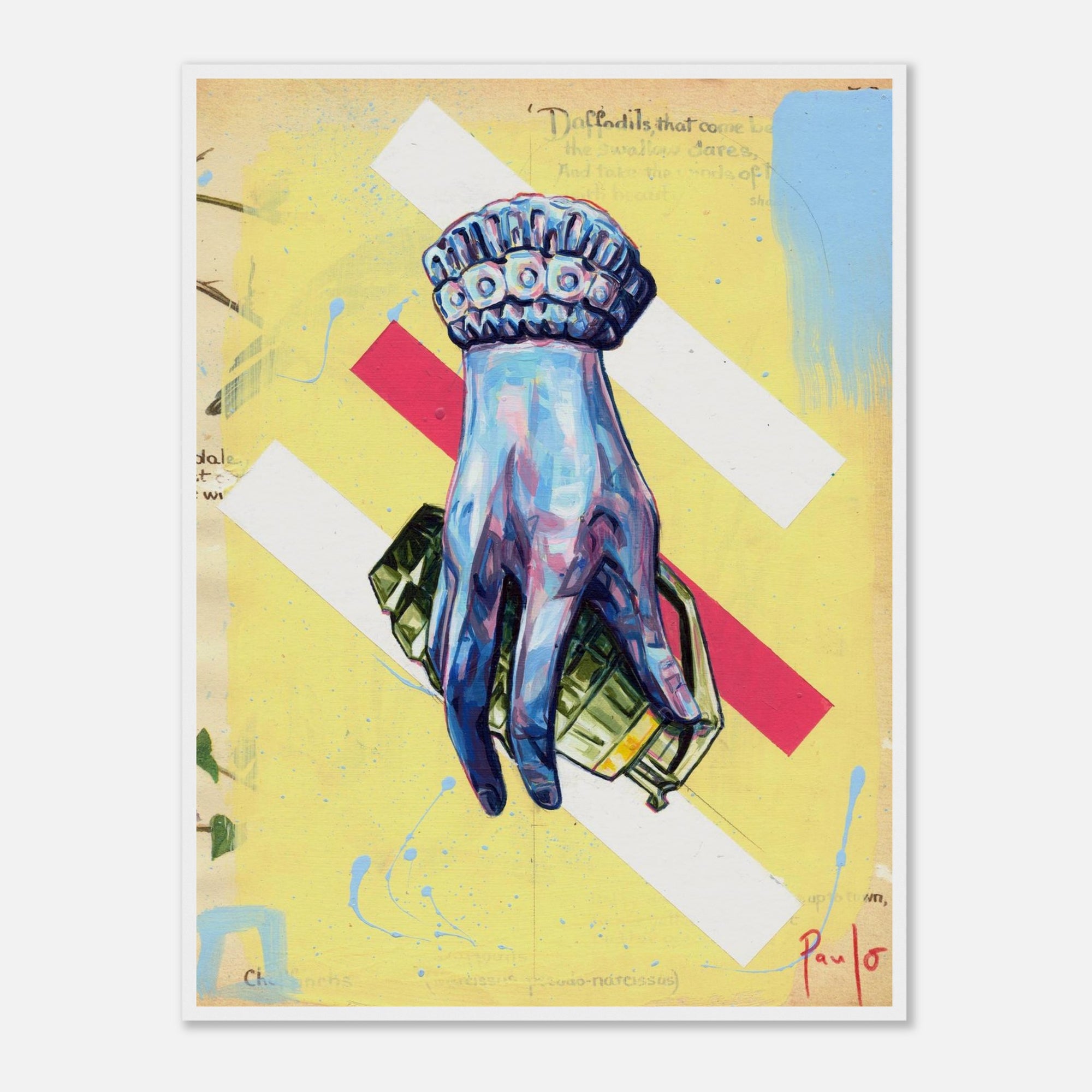 Colorful wall art with a hand on a yellow background