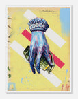 Colorful wall art with a hand on a yellow background