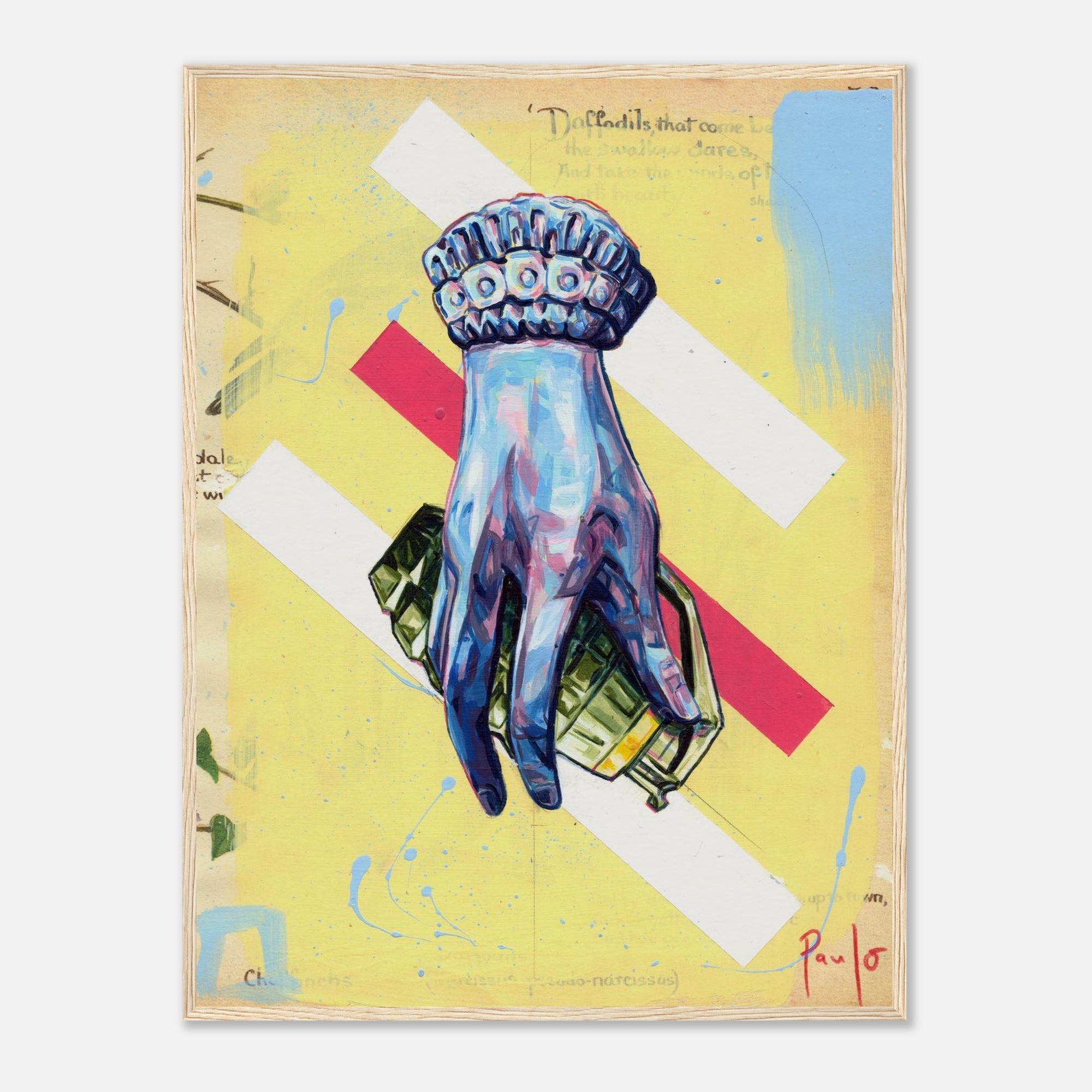 Colorful framed art print with a hand on a yellow background