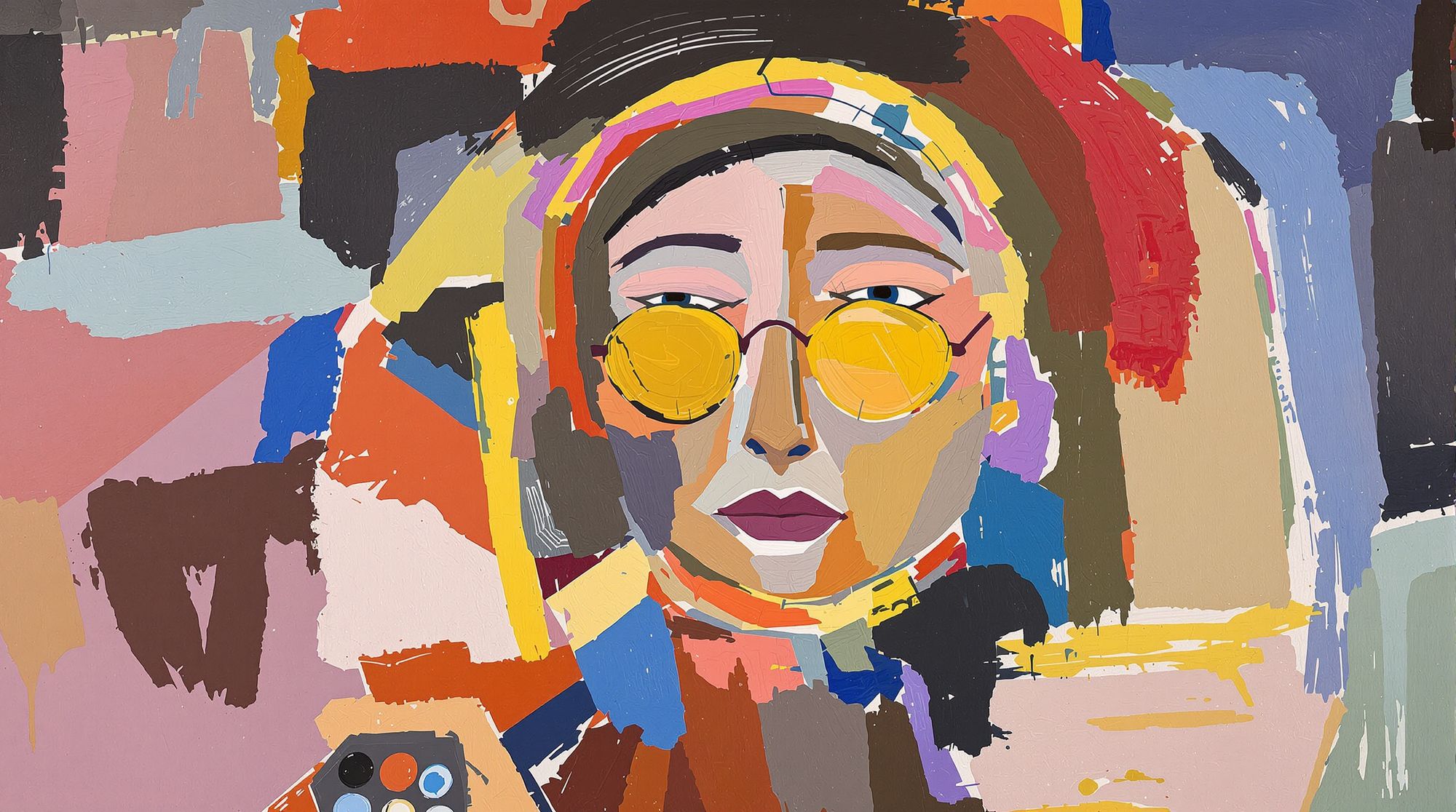 Abstract artwork of a person wearing sunglasses with colorful brush strokes