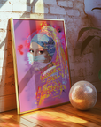 Framed artwork with a colorful design of a woman's face on a brick wall background, in the style of Vermeer girl in a pearl earring.