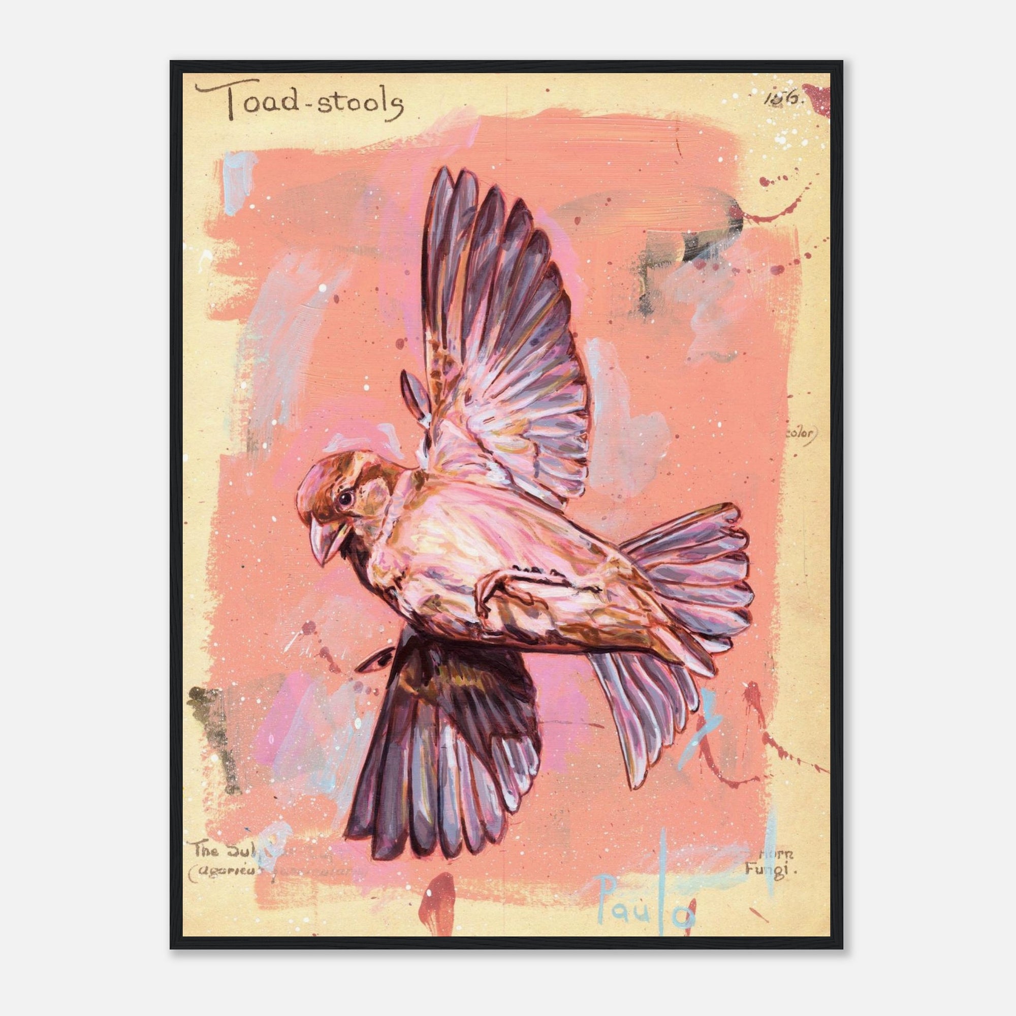 Framed artwork of a bird on a textured pink and beige background