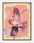 Framed artwork of a bird on a textured pink and beige background