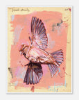 Artistic depiction of a bird in flight on a textured pink and beige background