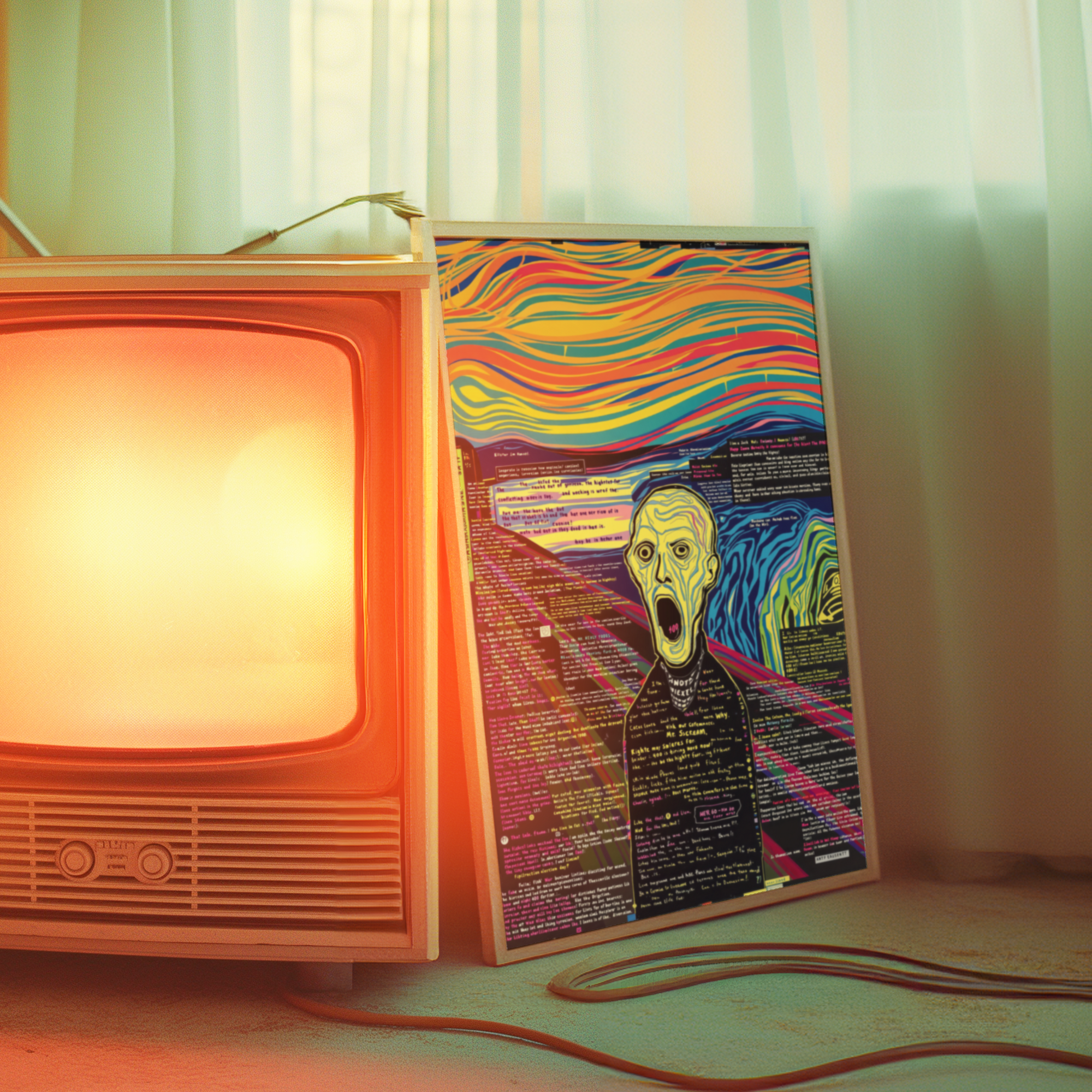 Vintage television set with a colorful modern poster of The Scream famous painting .