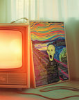 Vintage television set with a colorful modern poster of The Scream famous painting .