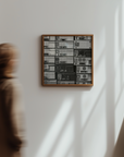 Framed artwork on a wall with a person partially visible in the foreground