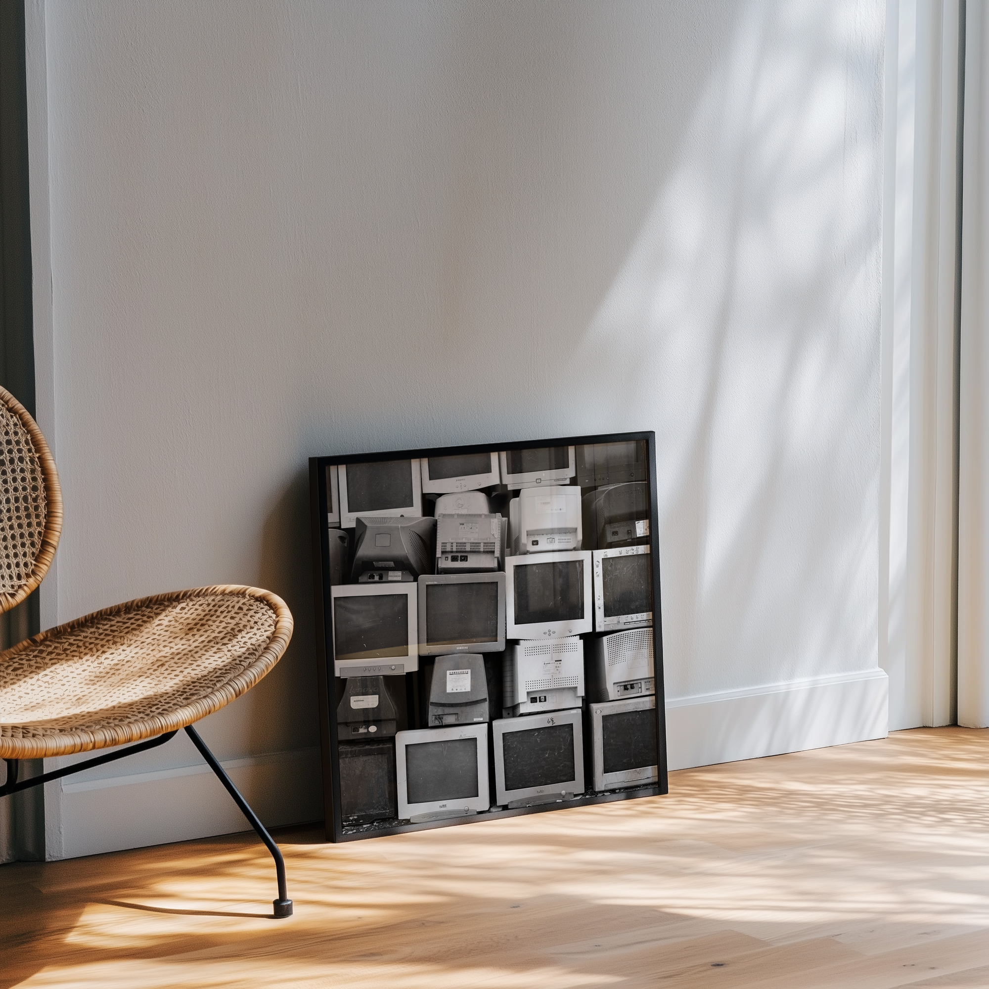 Framed black and white photo print of vintage computer monitors on a wall next to a wicker chair.
