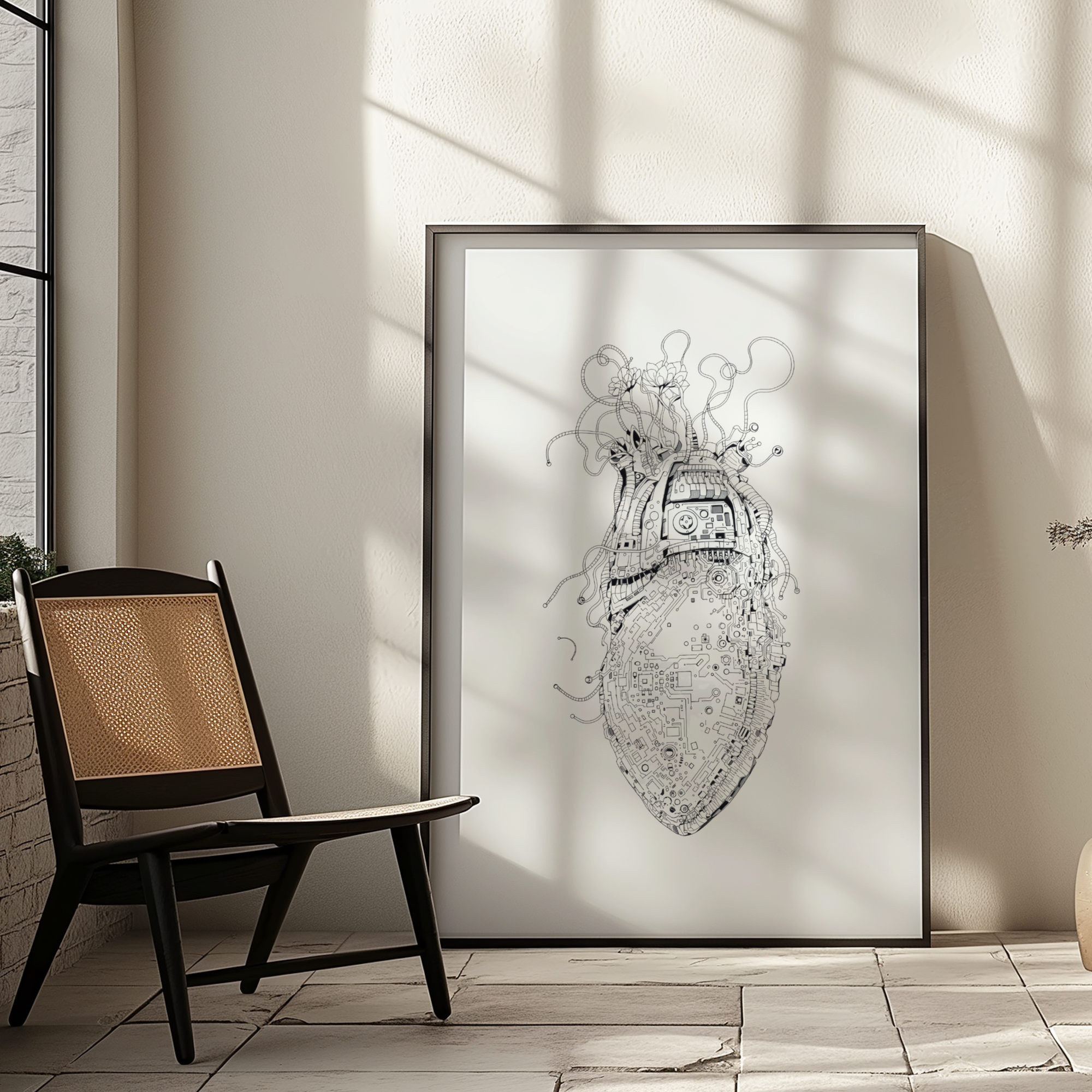 Framed black and white artwork on a wall with a chair and light fixture in the foreground.