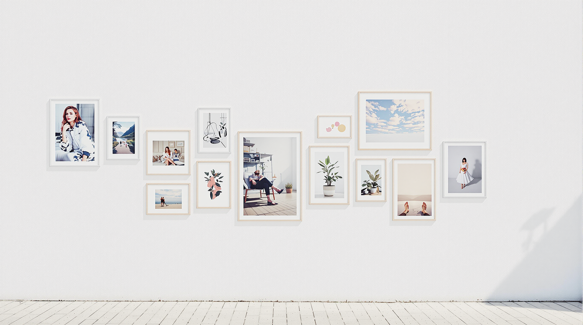 Gallery wall with an art collection of multiple framed pictures arranged in a grid pattern