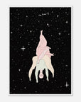 Illustration of a person upside down with pink hair against a starry night sky.