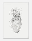 Black and white intricate drawing of a mechanical heart on a light gray background