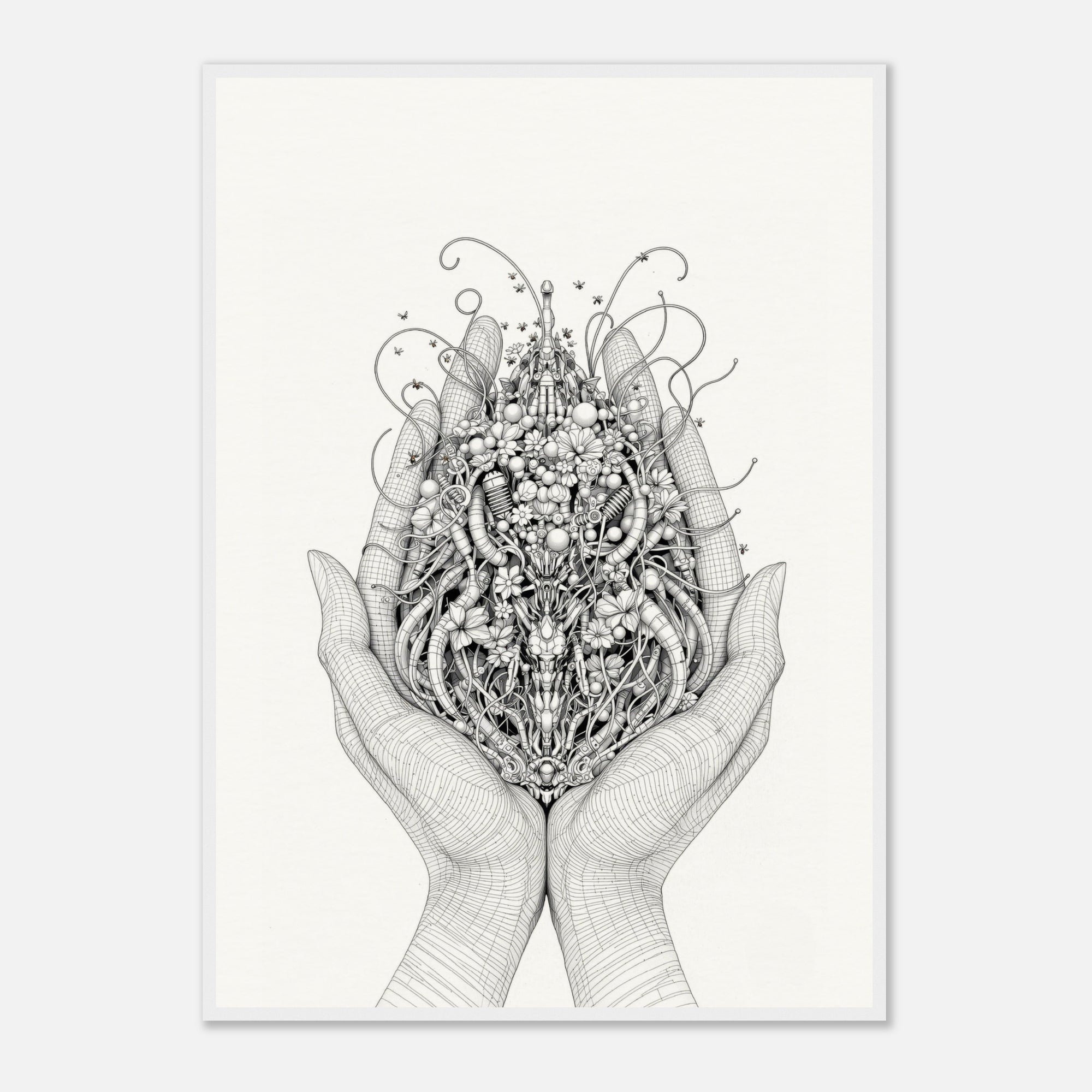 Black and white illustration of hands holding a floral design on a white background
