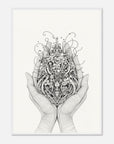 Black and white illustration of hands holding a floral design on a white background