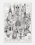 Black and white illustration of a cityscape with anatomical heart and lungs design.