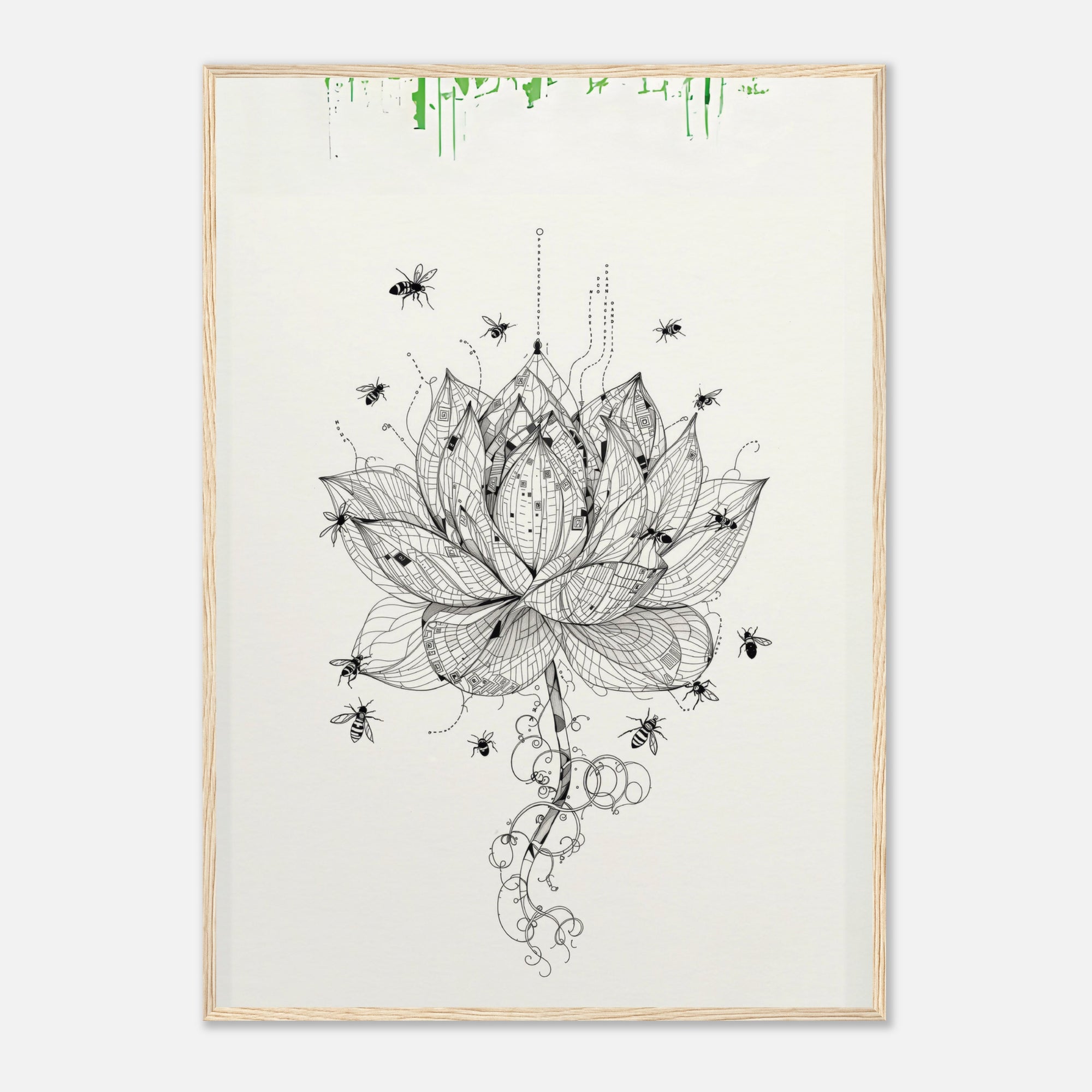 Framed artwork of a black lotus flower with insects on a white background