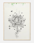 Framed artwork of a black lotus flower with insects on a white background