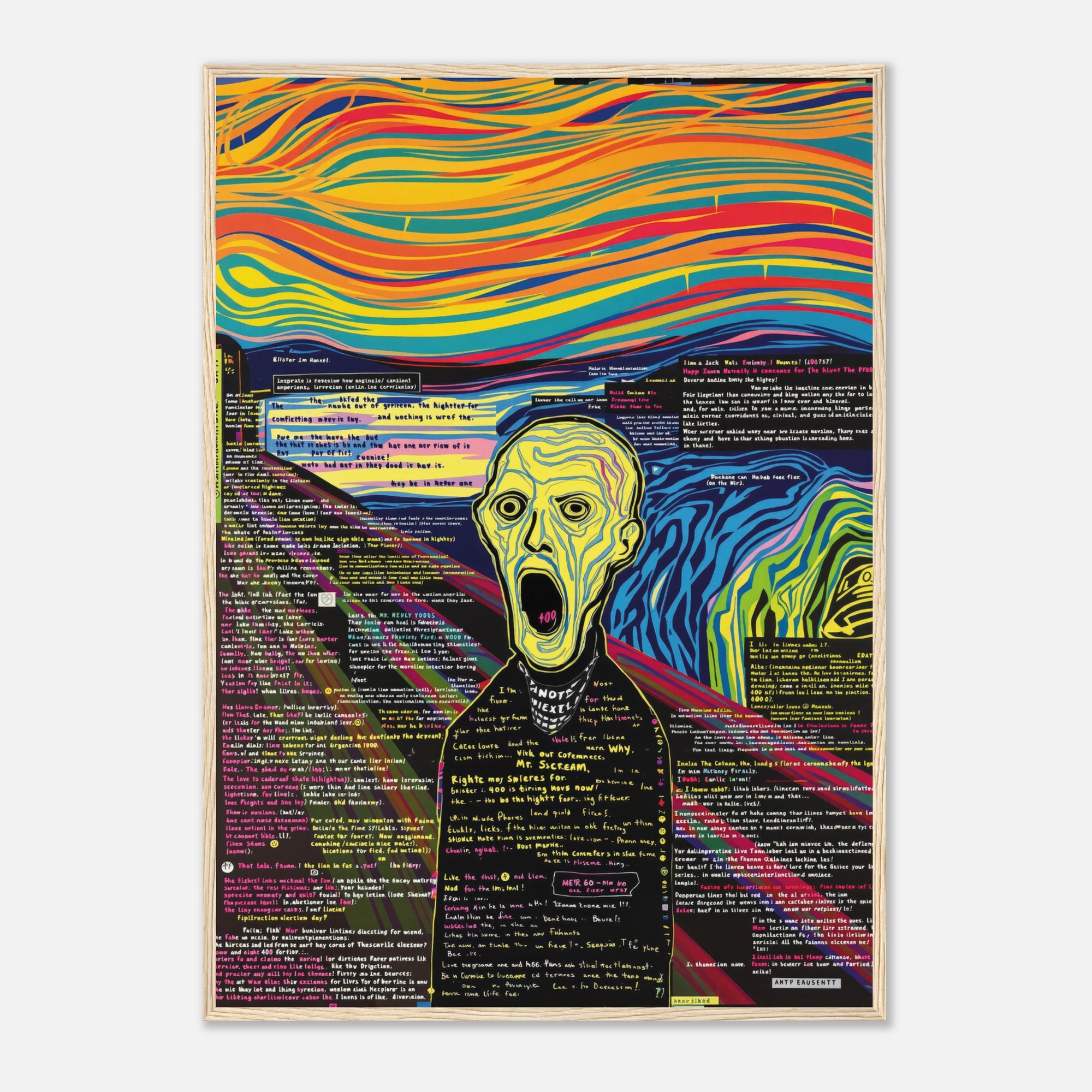 Surreal desert scene with colorful dripping substance and text, framed.