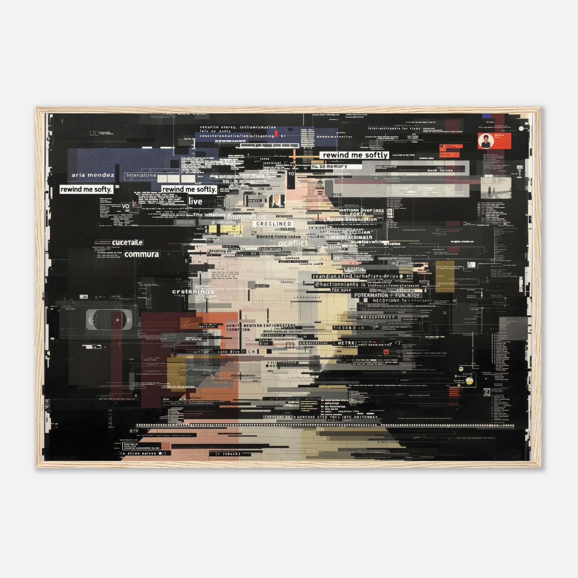 Wooden framed artwork of glitching dark colors and text on a white wall