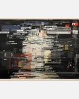 Wooden framed artwork of glitching dark colors and text on a white wall