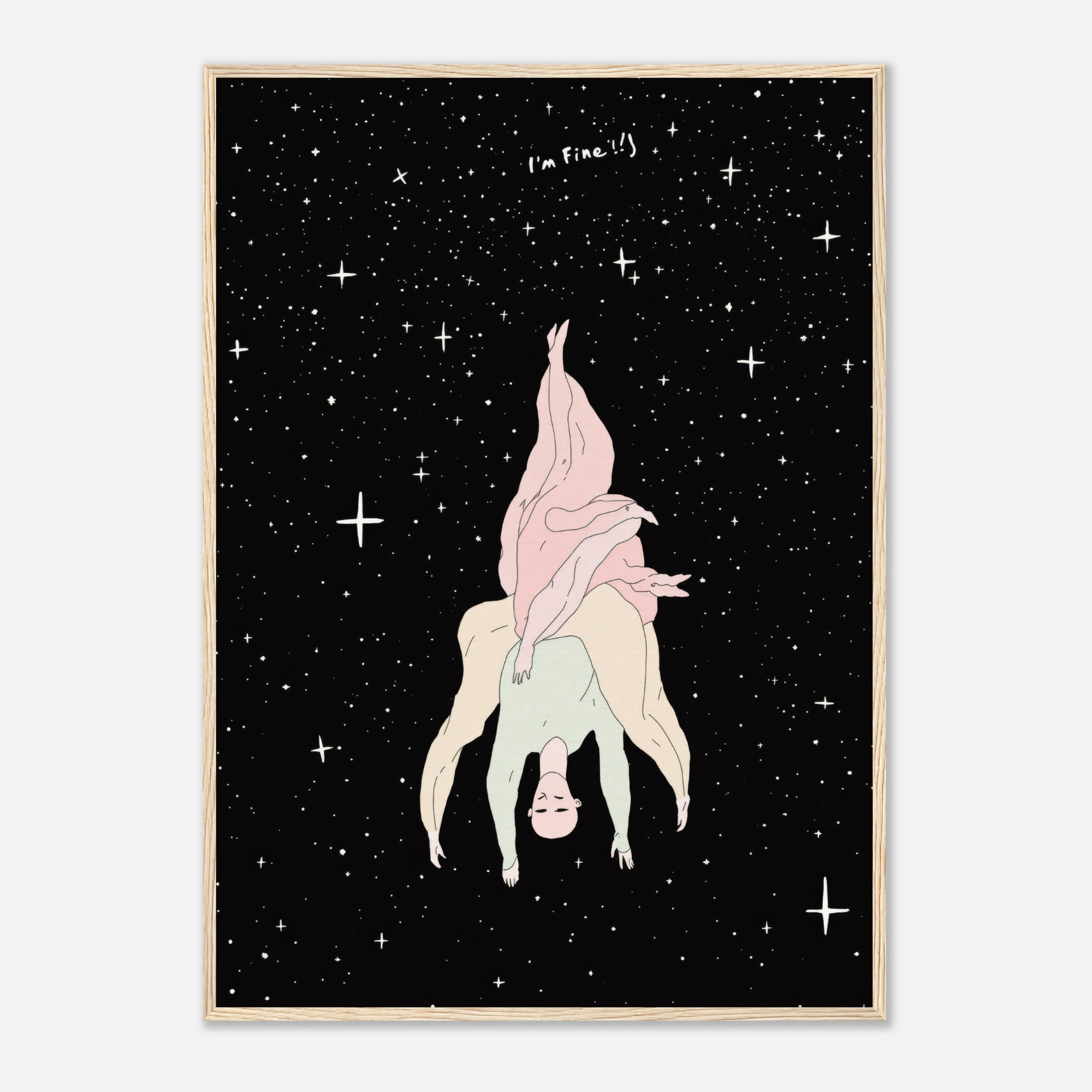 Framed artwork of a person upside down against a starry night sky with 'I'm fine!' text.