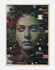 Framed artwork with a collage of text and images on a black background