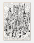 Black and white illustration of a cityscape with lungs, heart, and tree design elements.