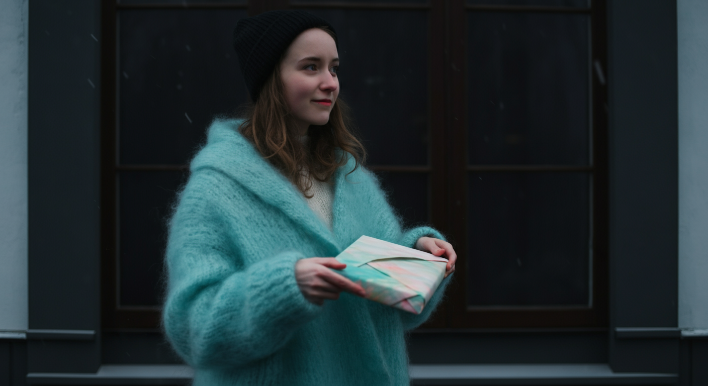 Woman in teal sweater holding a gift box against a dark background